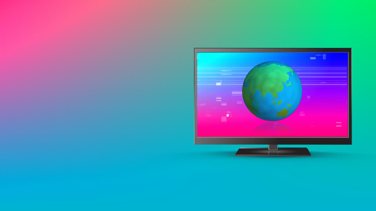 Animation of tv with globe on colorful background