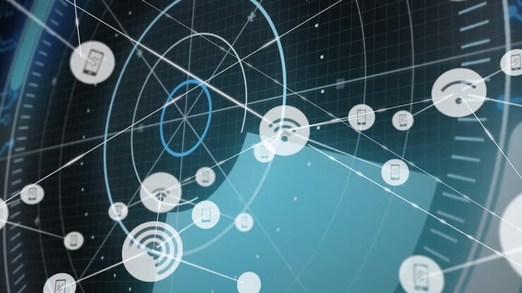 Digital animation showing network connections and technology icons on screen