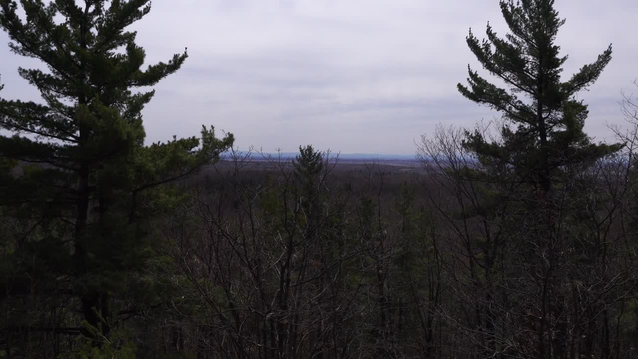 An amazing distant view from the top of a mountain with a stunning cloudy sky. All of it surrounded by conifers and many leafless trees.