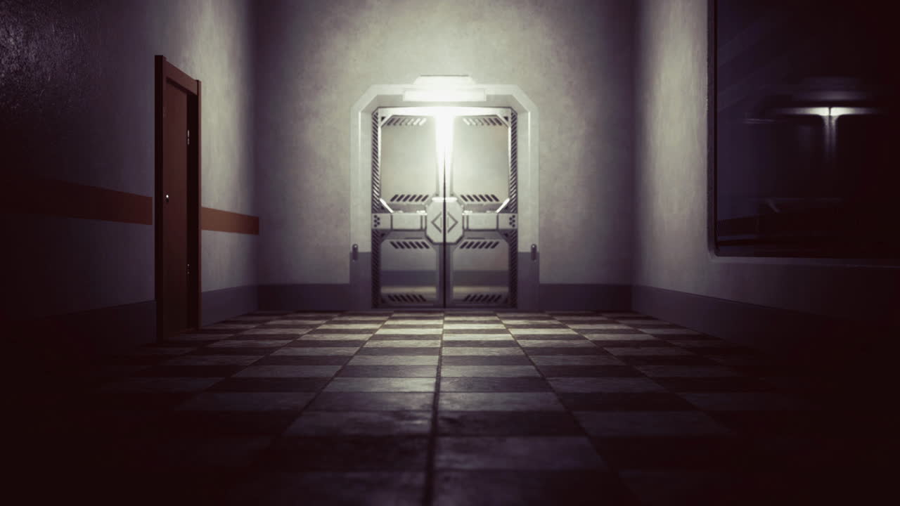 Dark corridor with reflective surfaces in an abandoned building at night