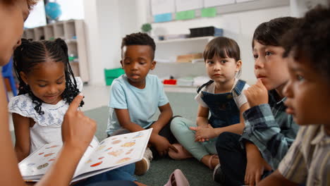 Eine-Lehrerin-Liest-Multikulturellen-Grundschülern-Im-Unterricht-Vor-Und-Stellt-Ihnen-Fragen