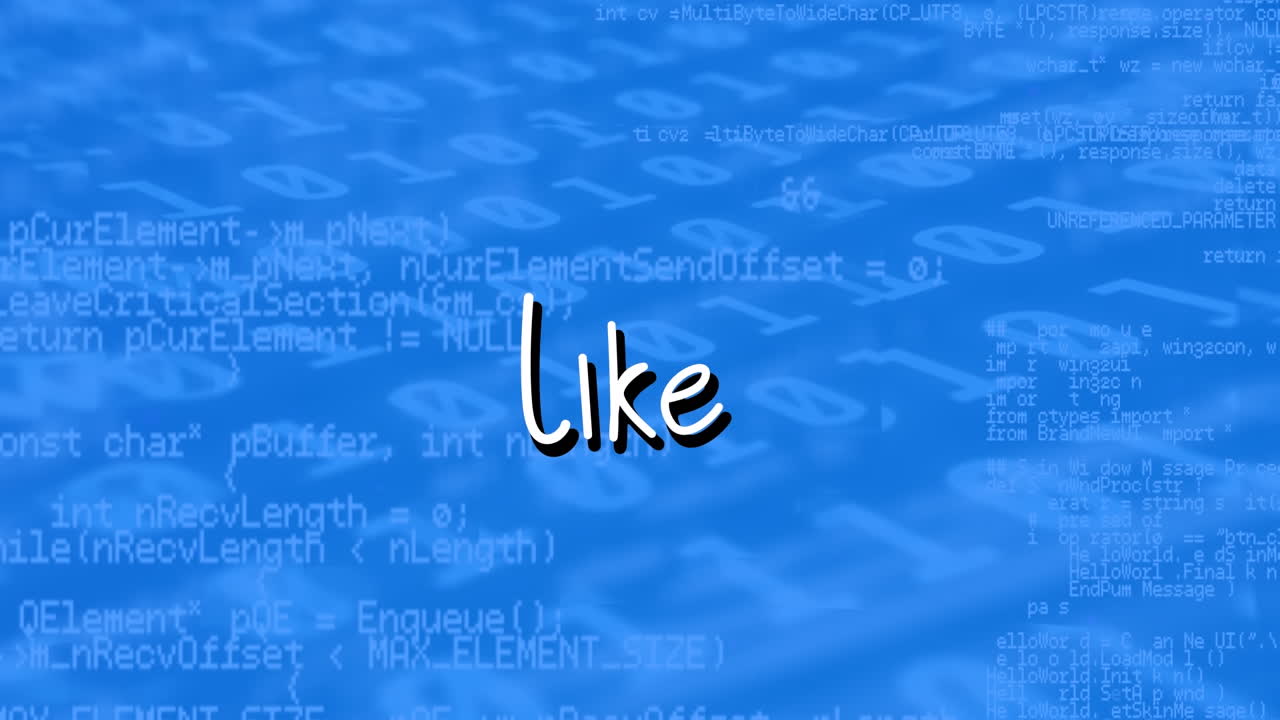 Animation of like text over data processing on blue background