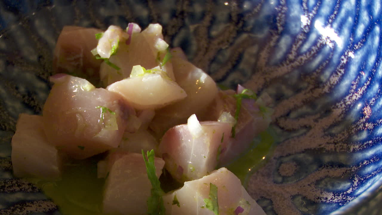 Fresh Fish Ceviche in a Blue Bowl