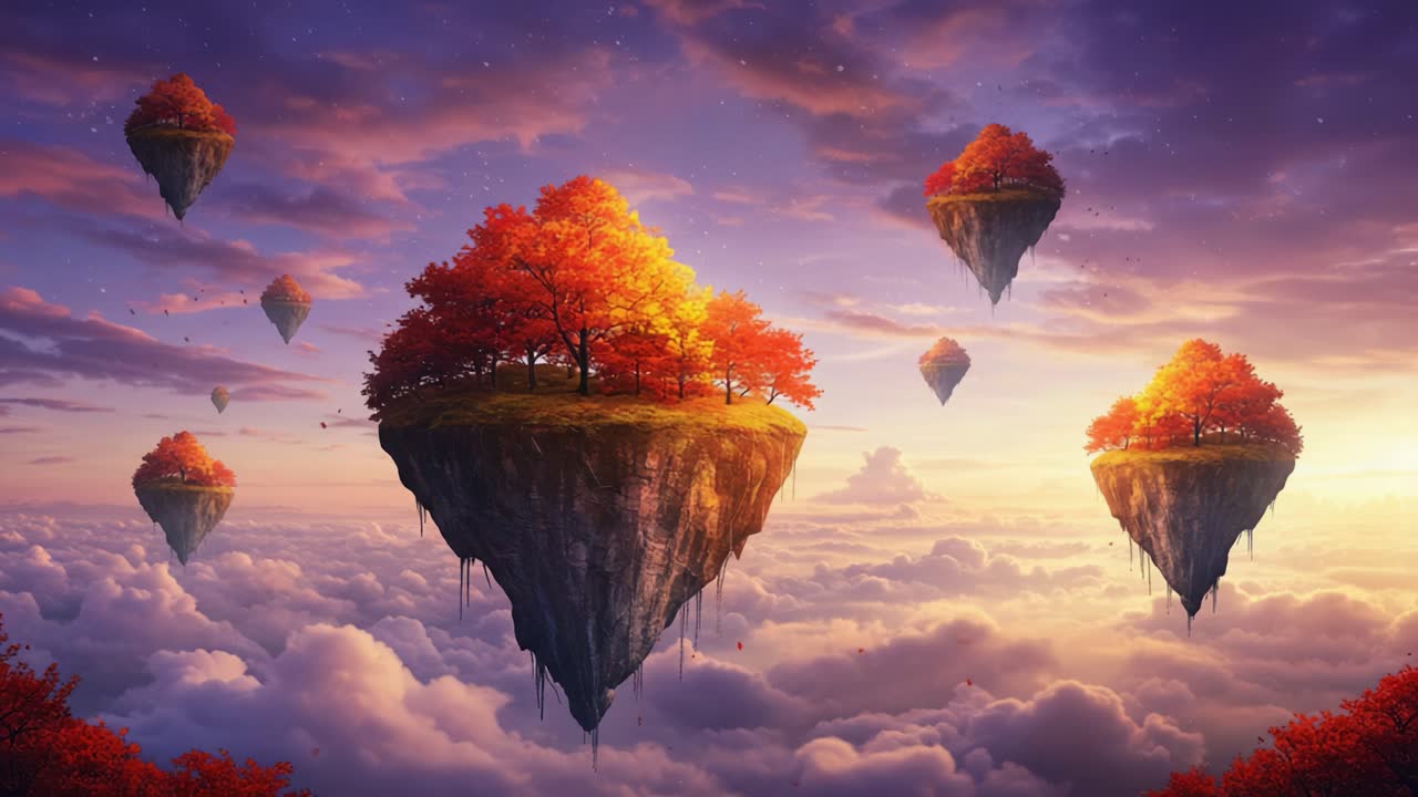 A Breathtaking Journey Through a Dreamlike Landscape of Floating Islands Adorned with Vibrant Autumnal Trees Against a Serene Evening Sky