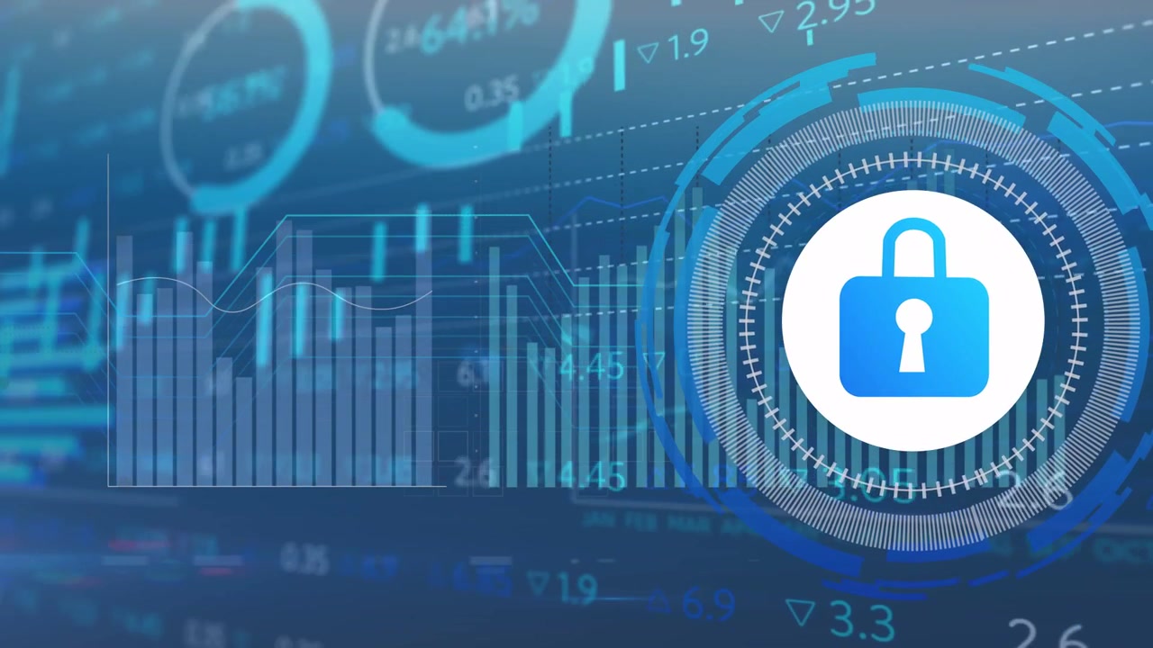 Right cue sending blue padlock out scaling while rings rotating and charts updating, securing data