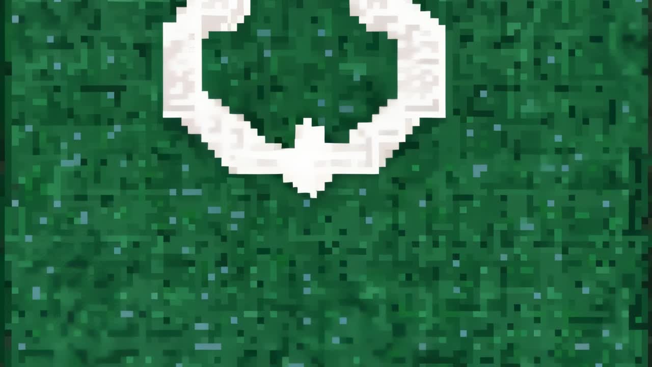 En hvid retningsmarkør viser sig, forvandler sig nedad over pixelkunst græstæppe og rører ved en træplanke.