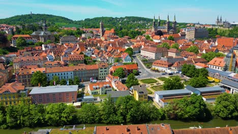 4K Aerial Drone Video of the Historic Bamberg Cathedral and Michaelsberg Abbey along the Regnitz River in the Old Town area of Bamberg, Germany