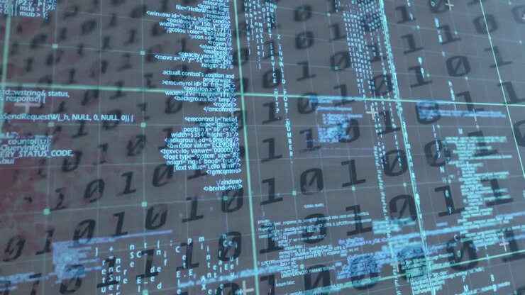 Animation of data processing on blue background with binary code