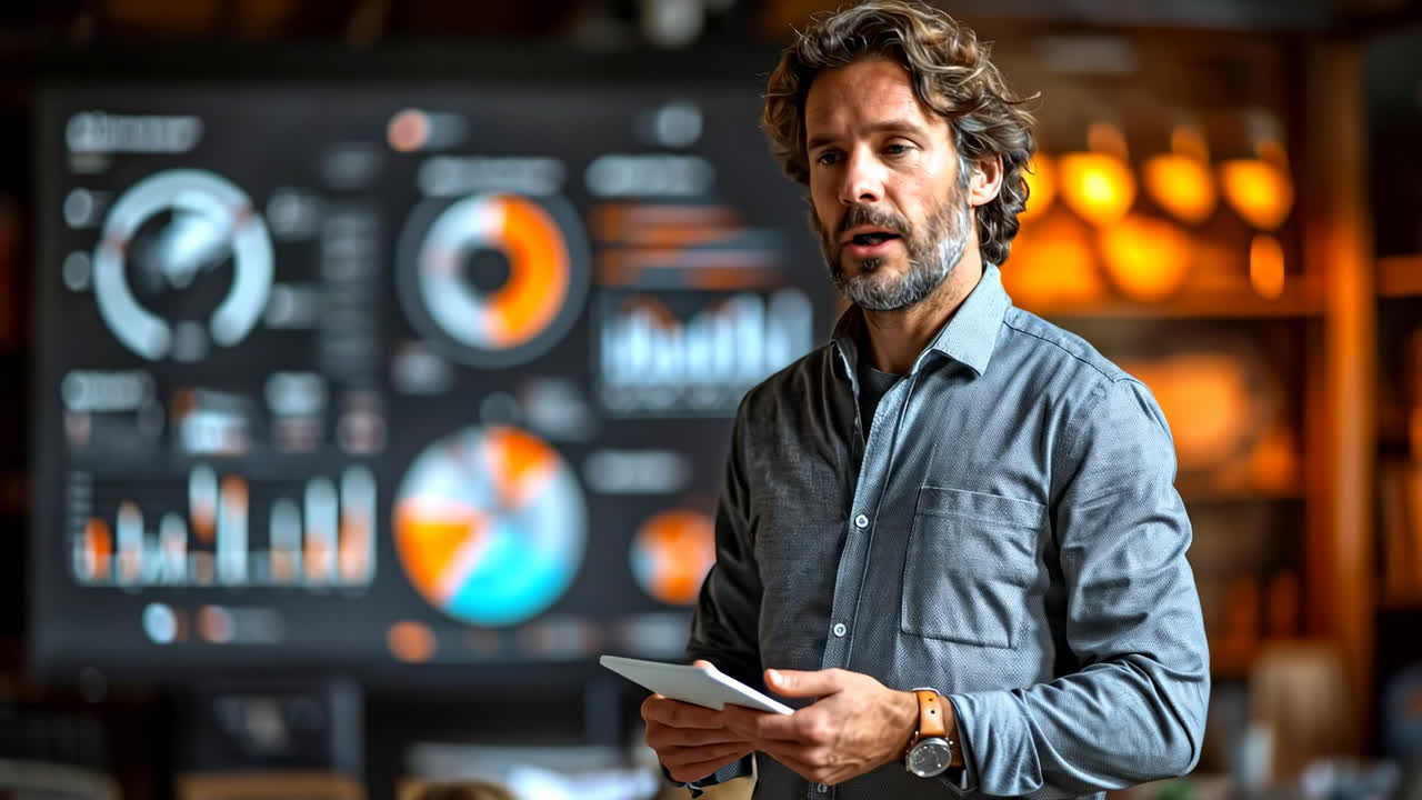 Office data presentation meeting. Man in a shirt presents data insights on screen during a business meeting in a modern office setting