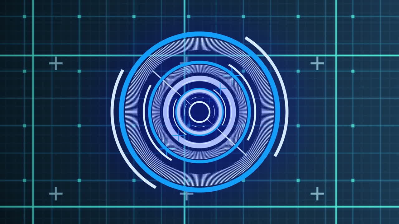 animación de un escáner redondo de neón que gira sobre la red de rejilla contra un fondo azul