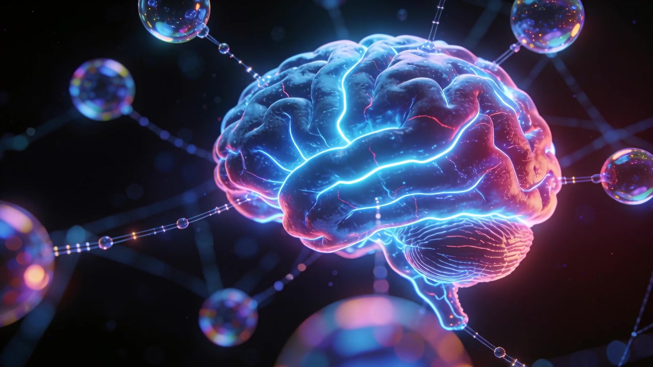 Lighting pathways sparking neon brain pulsing light along paths in dark network, signaling nodes