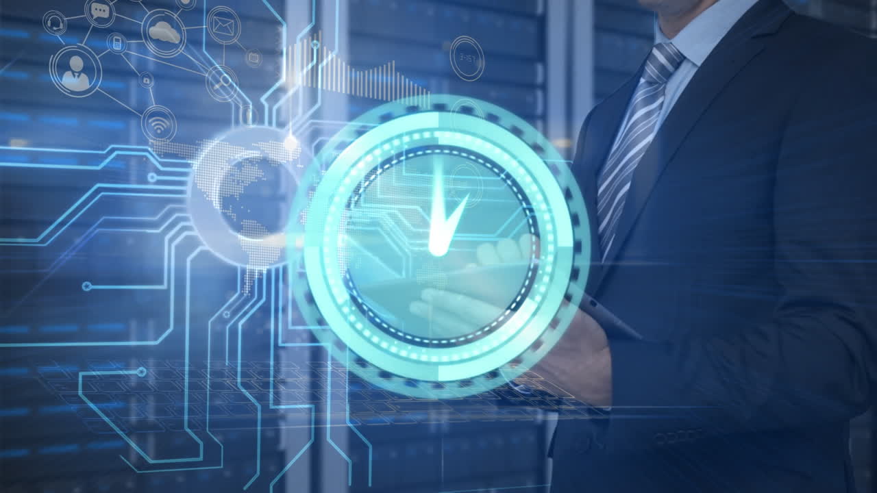 Animation of clock and processor over caucasian man using tablet