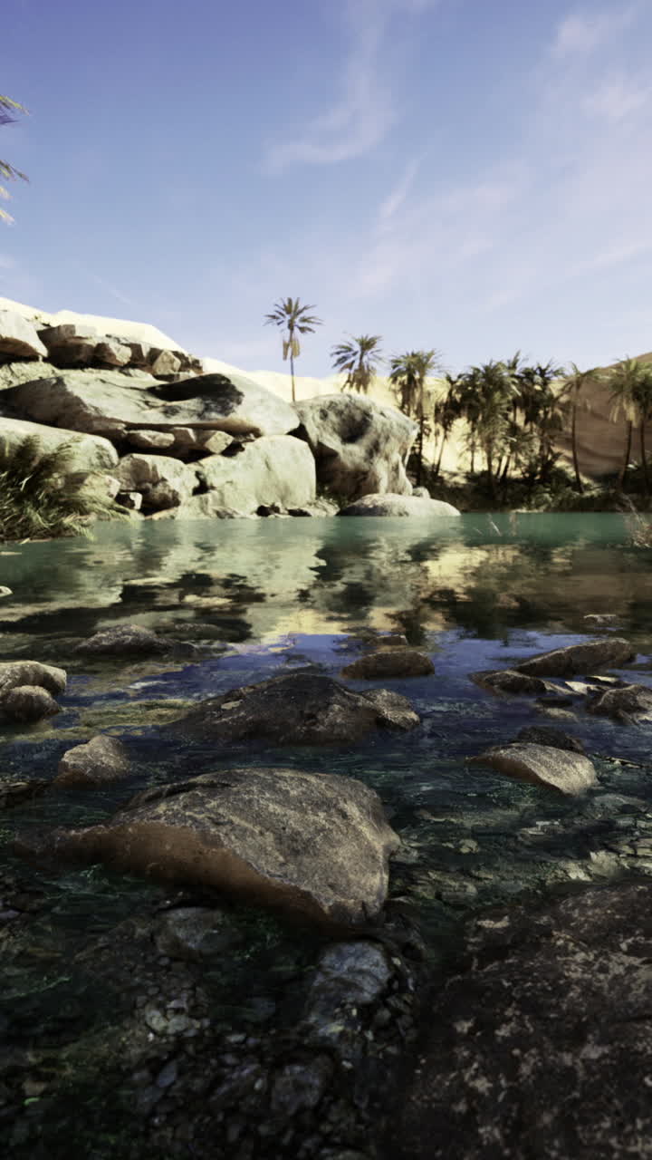 Tranquil oasis with palm trees and shimmering water in a desert landscape