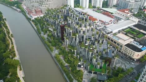 aerial establishing shot of the completed 1000 trees shopping mall in shanghai