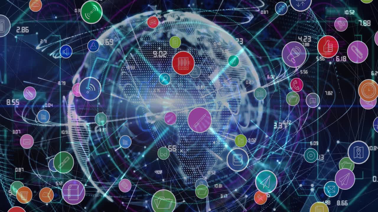animación de la red de conexiones, iconos y procesamiento de datos en todo el mundo