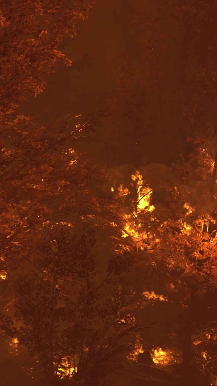Feuer brennt nachts durch einen Wald in einem abgelegenen Gebiet und verursacht Rauch und Asche.
