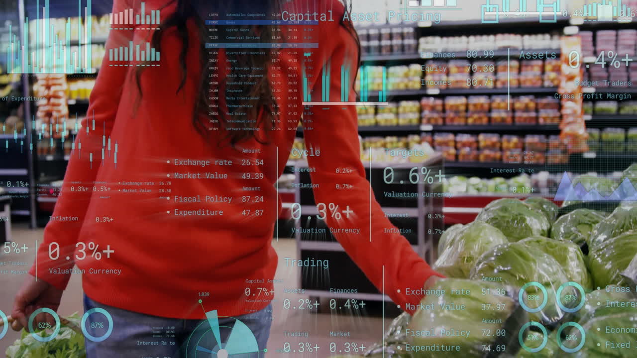 백인 여성 식료품 쇼핑에 대한 데이터 처리의 애니메이션