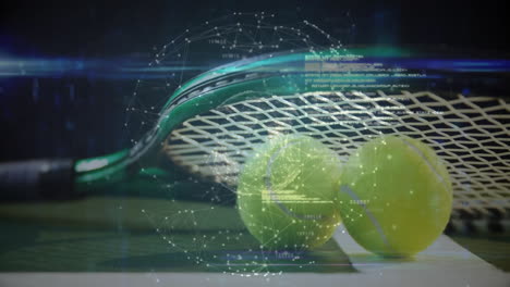 tennis racket and balls being animated on green court, showing network nodes with code