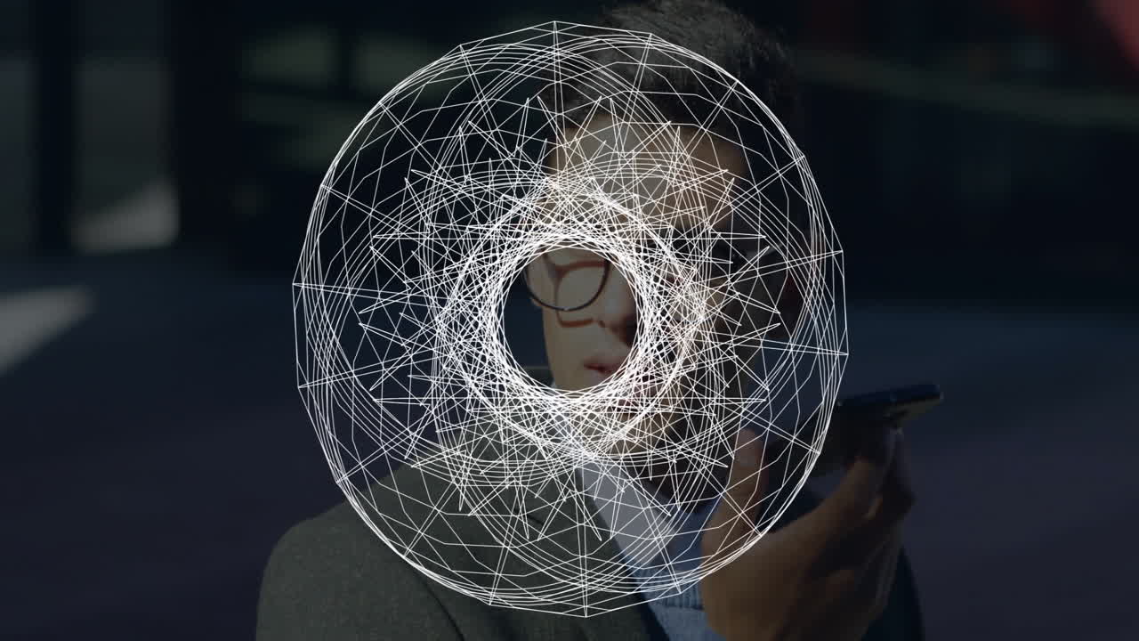 Man holding smartphone while exploring financial data in urban scene, featuring geometric overlay