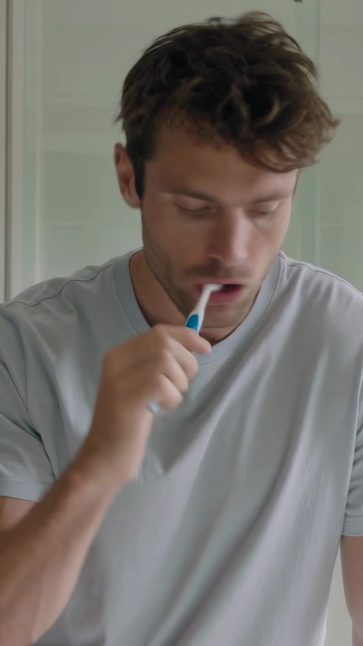 Vertical video: Bringing toothbrush to mouth, adult man brushing teeth at bathroom vanity to clean