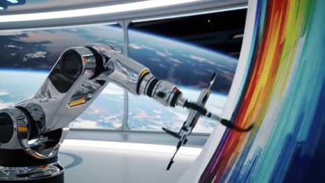 A Robotic Artist&#039;s Creative Journey: Captivating Visuals of a Cutting-Edge Mechanical Arm Painting in a Space Station Environment