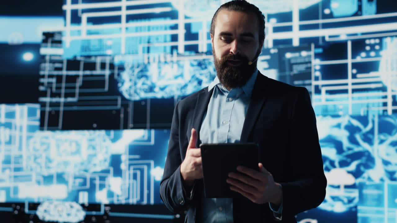 Entrepreneur presenter hosting live conference to highlight AI usage