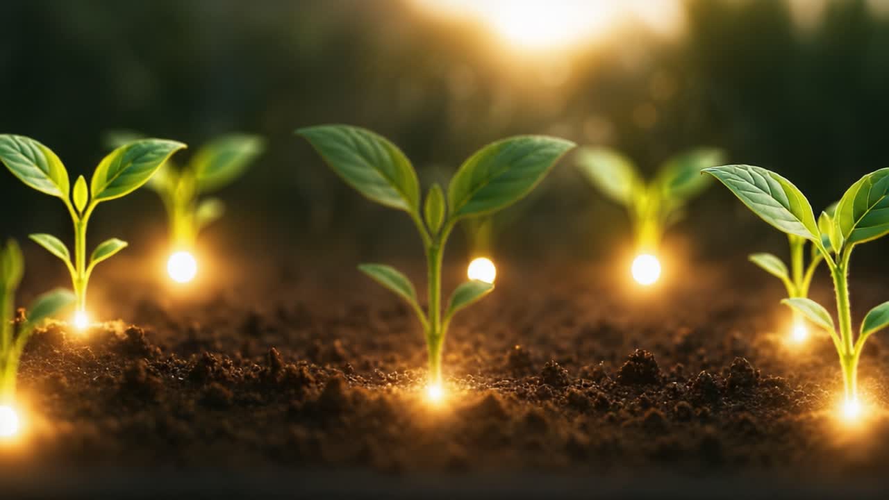 In a serene garden setting, a small seedling emerges from rich soil, bathed in warm light during the magical hours of dusk. The vibrant green leaves glisten as they capture the fading sunlight, symbolizing growth and new beginnings. Observing the careful nurturing of plants highlights the importance