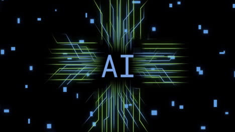 animation of ai text, circuit board with data processing over black background