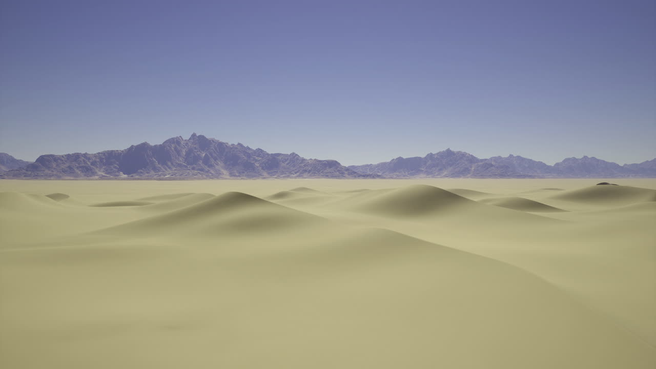 Vast desert landscape with gentle sand dunes under clear blue sky