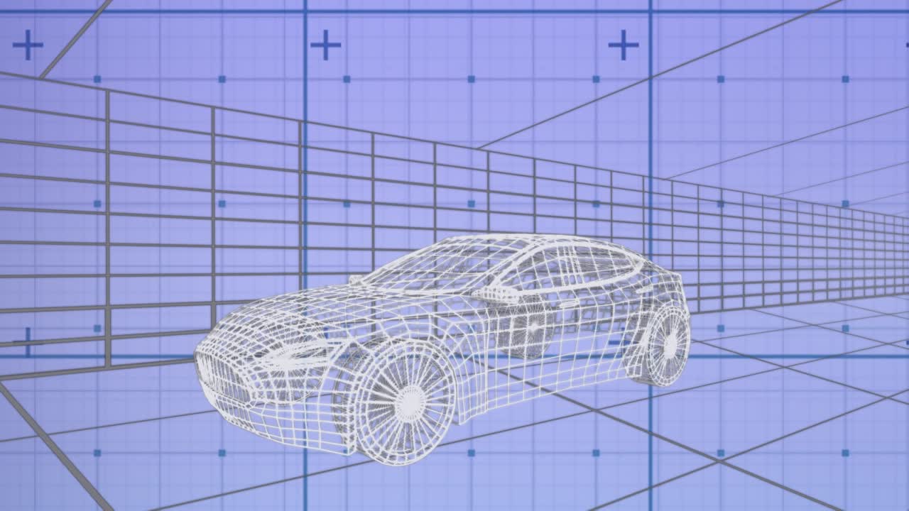 Animazione di un'auto disegnata in 3D che guida su una griglia.