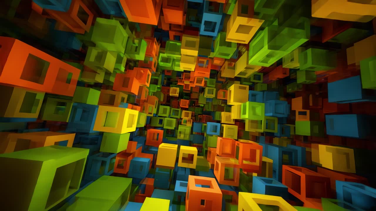 A Vibrant Abstract Journey Through Colorful 3D Boxes: Exploring a Digital World of Dynamic Shapes and Patterns with Vivid Hues and Depth Perception