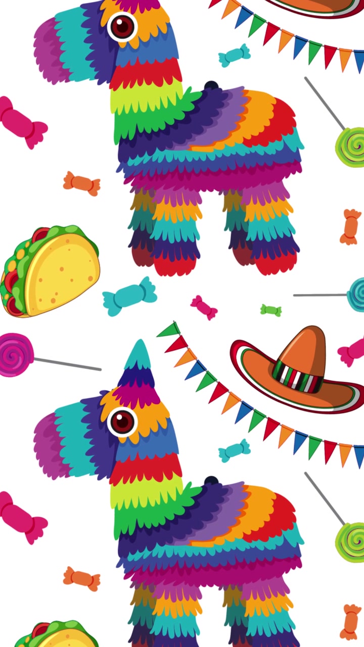 Animazione colorata di piñata con transizioni dinamiche ed elementi festivi a tema messicano, caratterizzata da sfondi luminosi e movimenti giocosi.