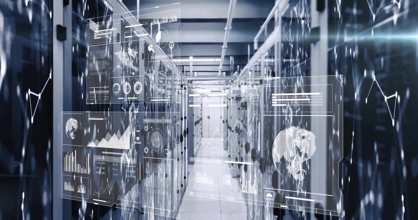 On startup, overlays appearing on server racks, panels sliding, graphs updating for data analytics