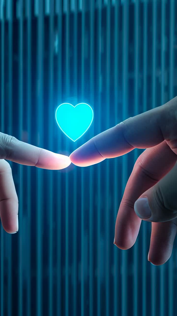 Vídeo vertical: Dos dedos índices encontrándose en un estudio con rayas azules, formando un corazón cian