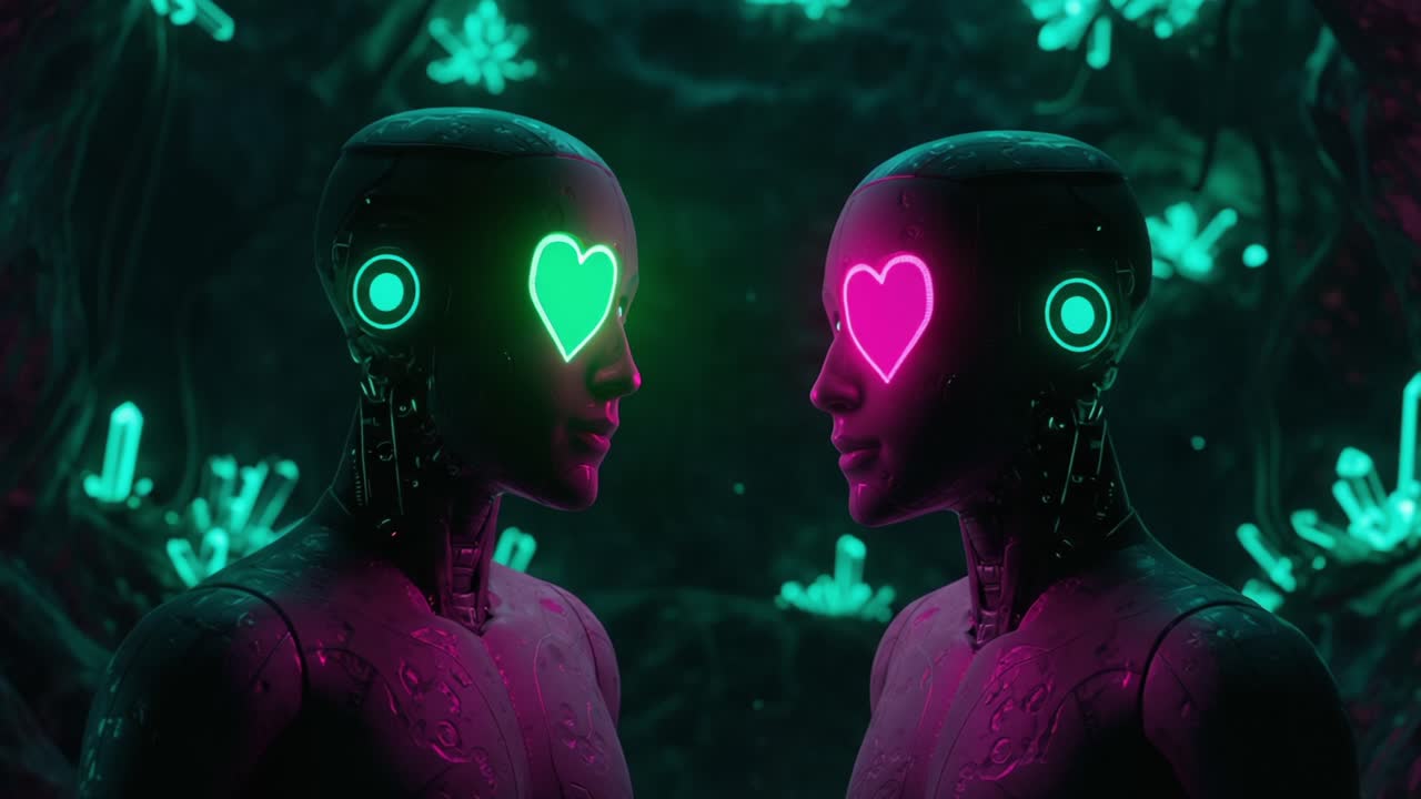 A Visual Interaction Between Two Futuristic Robots Glowing in Neon Colors, Each Featuring Heart-Shaped Eyes, Set Against a Mystical Background of Bioluminescent Flora