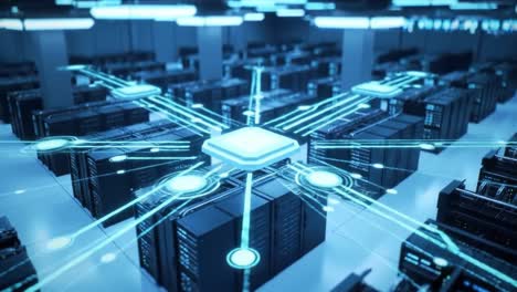 futuristic data center with advanced processing system surrounded by high-tech servers and dynamic connections, showcasing cutting-edge technology and innovation