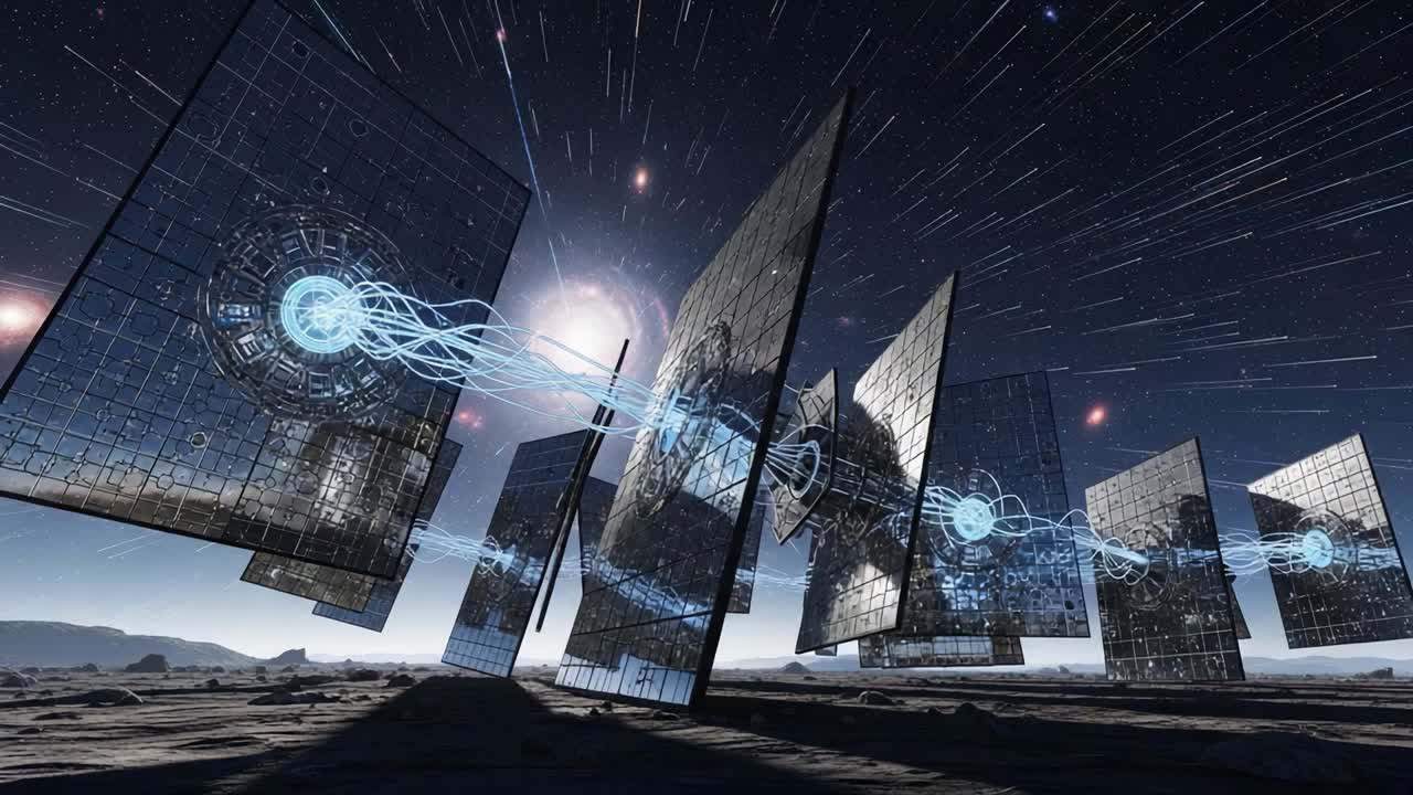 A futuristic landscape featuring reflective panels exhibiting dynamic energy patterns, set against a backdrop of stars and cosmic phenomena, creating a captivating visual experience