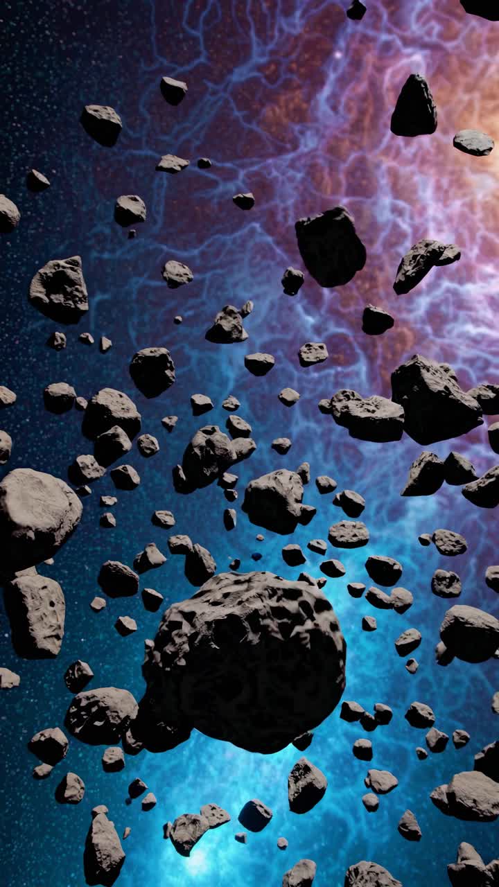 Dynamic video concept of asteroids floating in space. Aerial view captures the vastness and depth