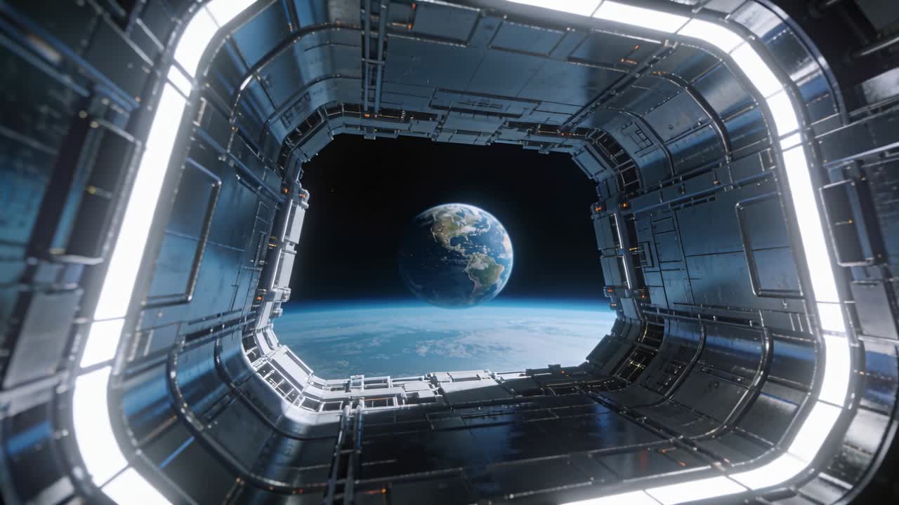 Telecamera che si muove in avanti e si centra all'interno del modulo di un'astronave, con un anello LED che inquadra il bordo terrestre.