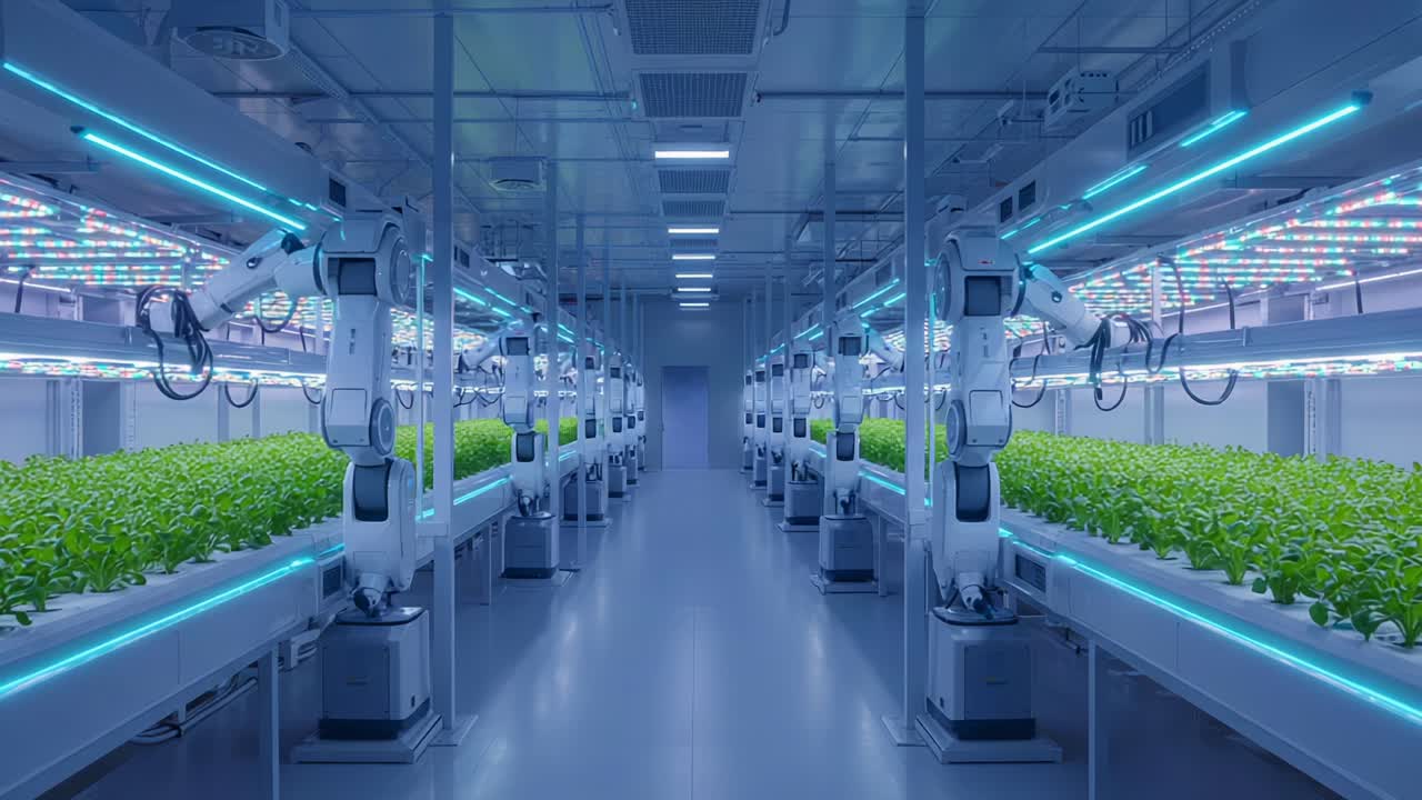 Advanced Agricultural Automation in a Futuristic Indoor Farming Facility Featuring Robotic Systems and LED Technology for Optimized Plant Growth and Management