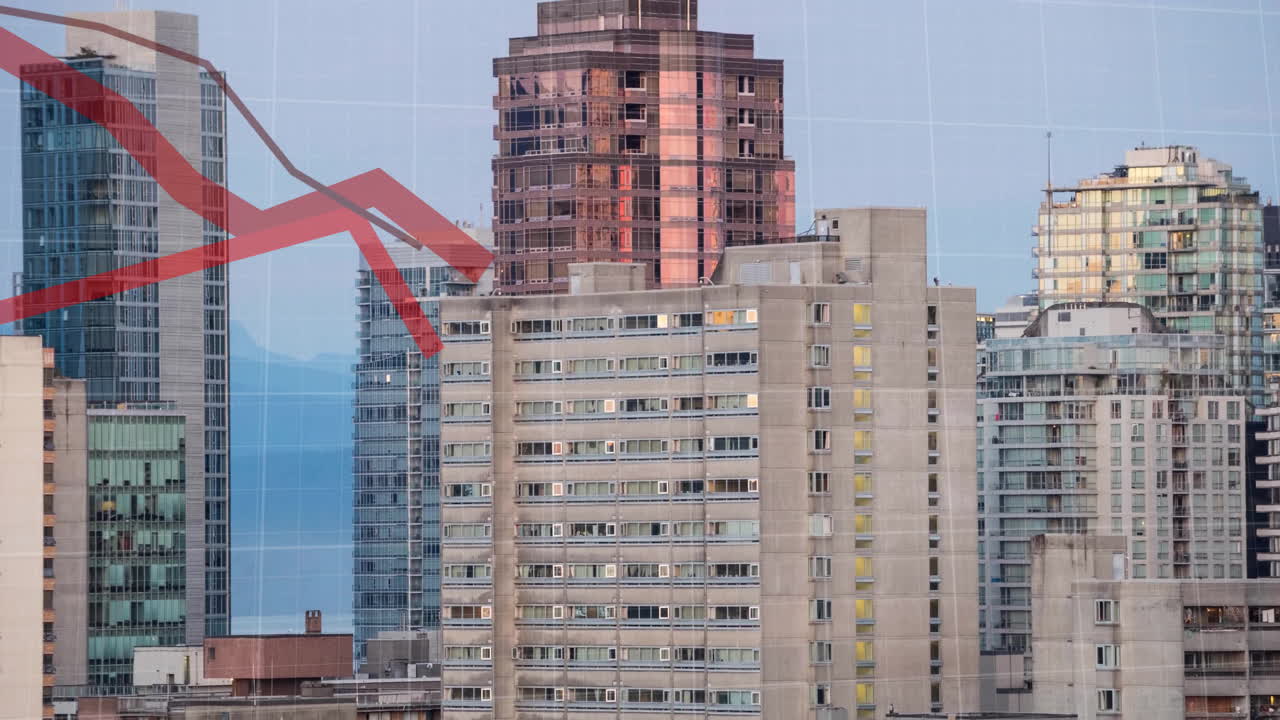 빨간 선의 애니메이션과 건물에 대한 금융 데이터 처리