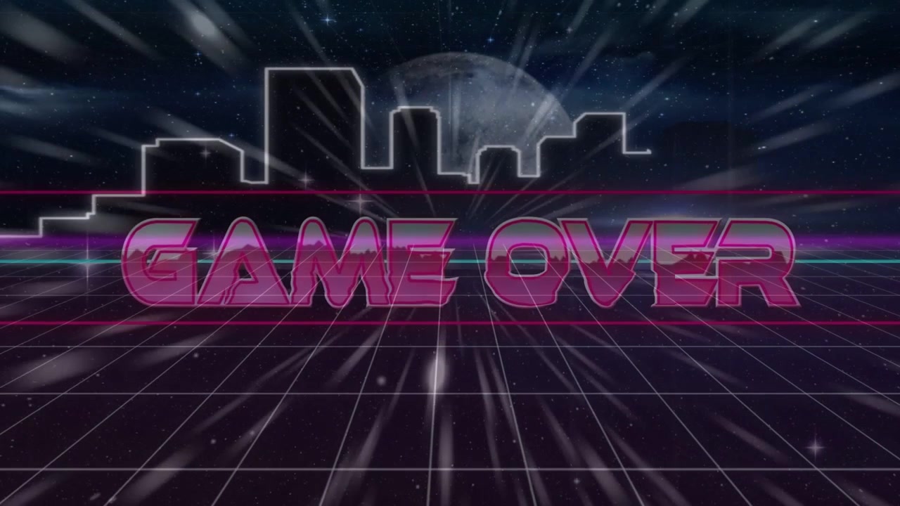 "GAME OVER"-tekst bevæger sig fra vinklet gitter mod midten, forfiner glød og sætter sig som retro gaming-titel.