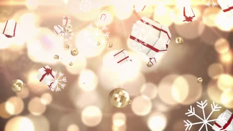 copos de nieve y múltiples iconos de concepto navideño flotando contra manchas amarillas de luz