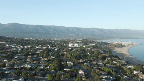 Aerial-over-Santa-Barbara,-California-during-sunset