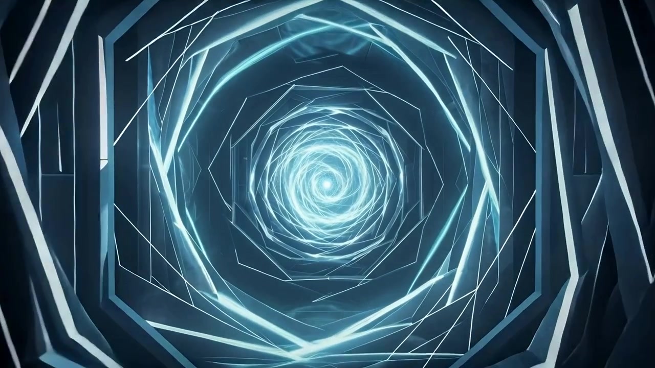 Spirale luminosa che muove una cornice ottagonale che ruota verso l'interno in un tunnel, pavimento riflettente che crea profondità.