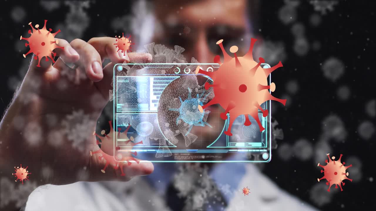 animación de una célula de virus naranja sobre un trabajador de laboratorio caucásico con tarjeta digital con datos de virus