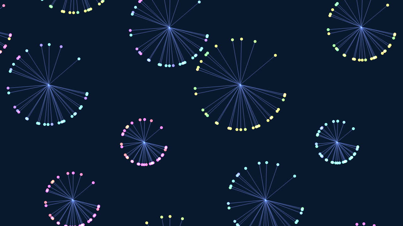 A mesmerizing image of dandelions in blue and purple hues on a dark backdrop, forming a circular motion as if swaying with the wind, creating a serene and captivating visual display