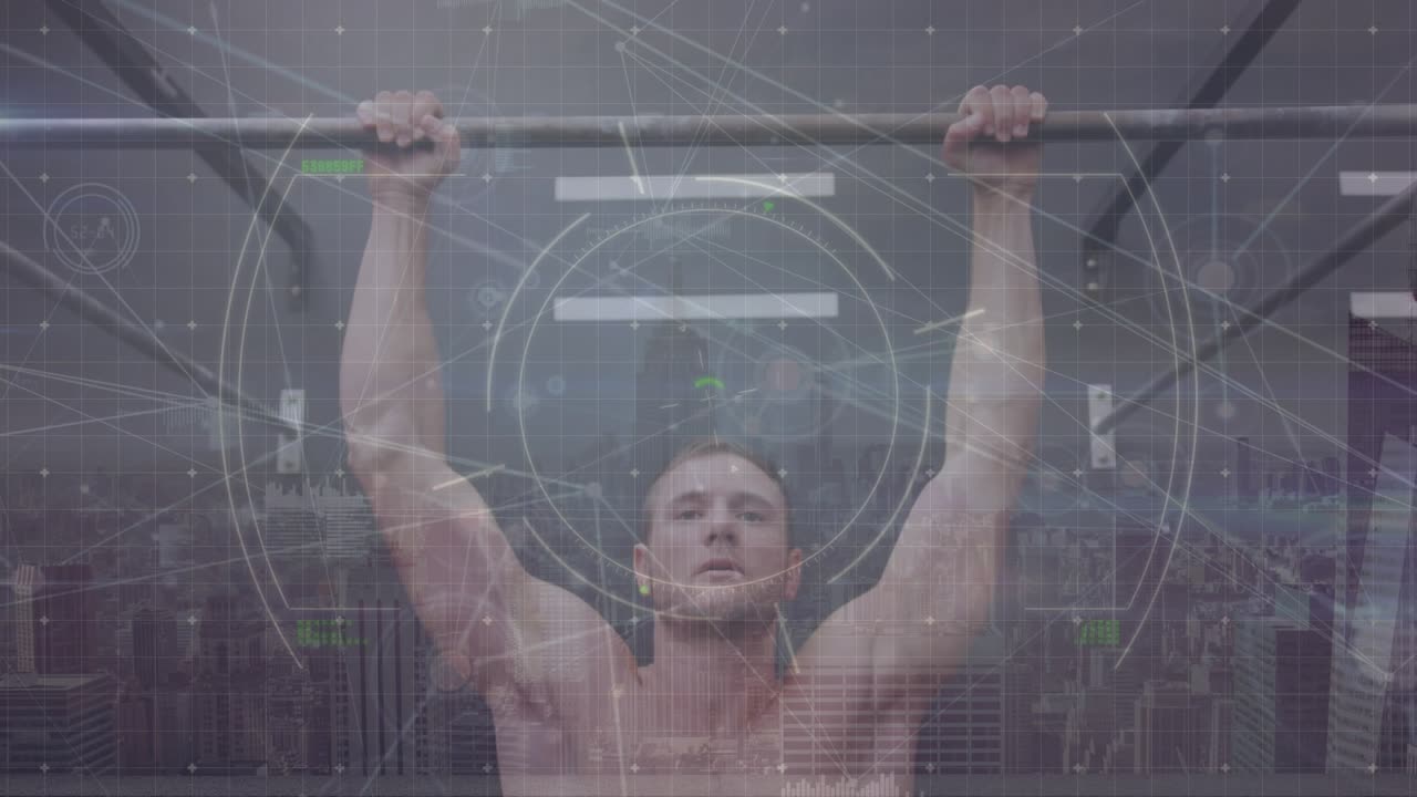 Animación de atleta caucásico haciendo dominadas, ciudad moderna, líneas de conexión de datos circulares digitales