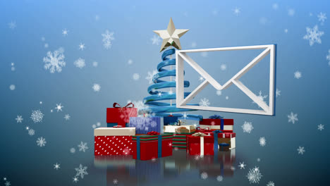 icono de mensaje flotando sobre y copos de nieve cayendo sobre el árbol de navidad y múltiples cajas de regalos
