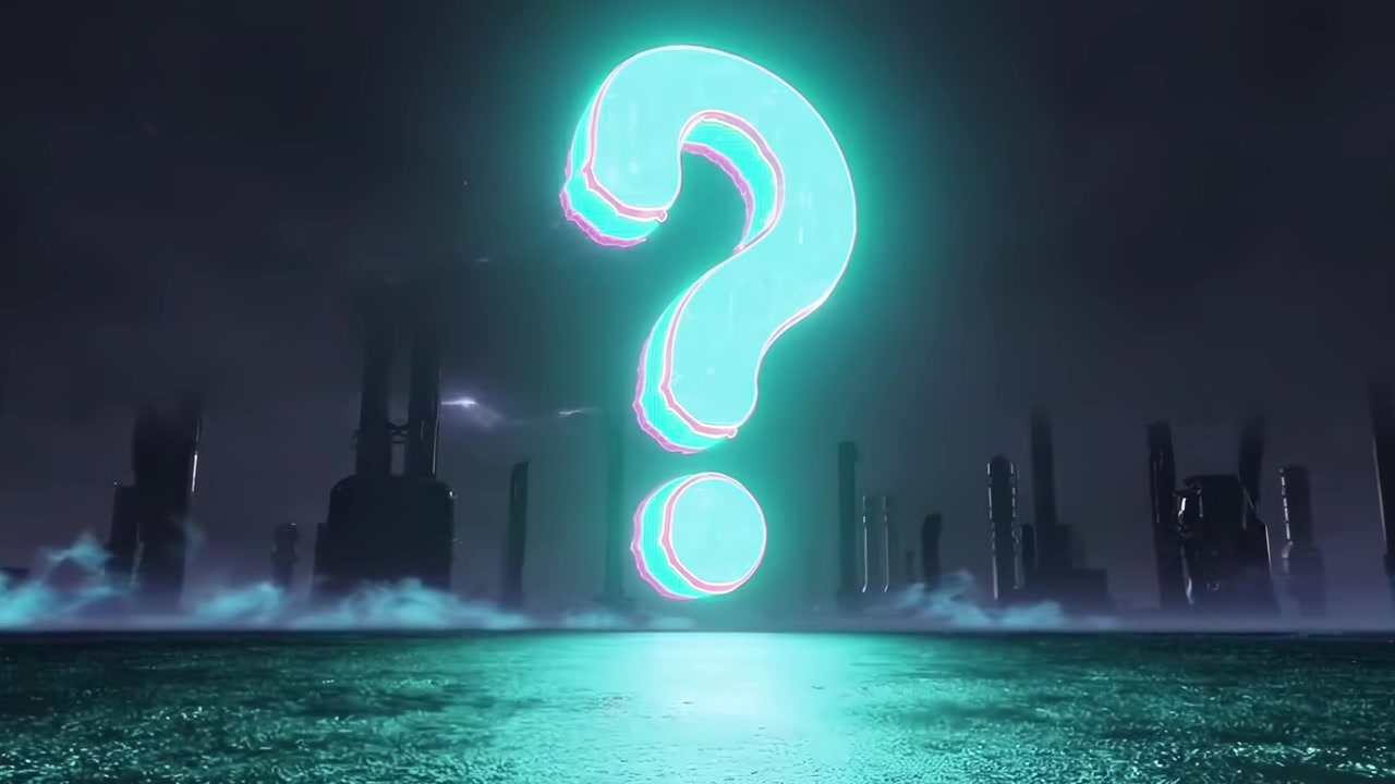 Glowing Neon Question Mark in a Dark Futuristic City